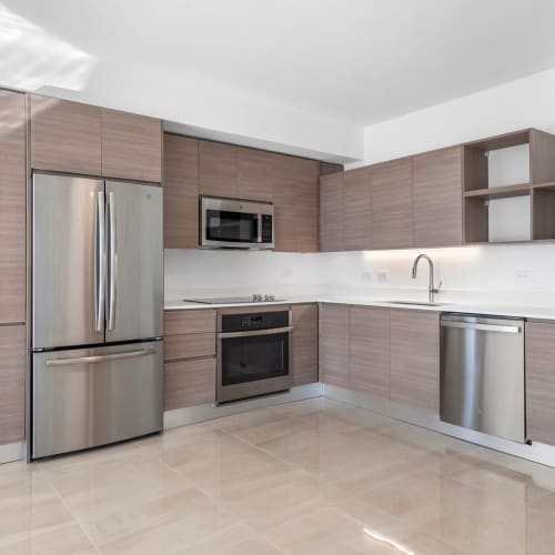 Stainless-steel appliances in a kitchen at The Vibe Miami Apartments in Miami, Florida