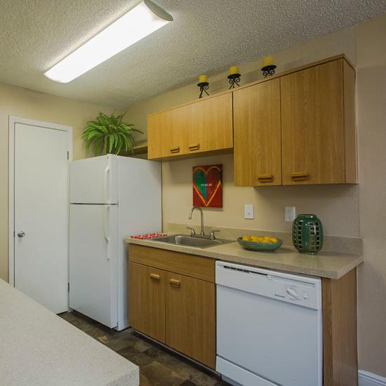 Modern kitchen with warm wood cabinetry and vibrant decor at Park Place Apartments in Port Richey, Florida. 