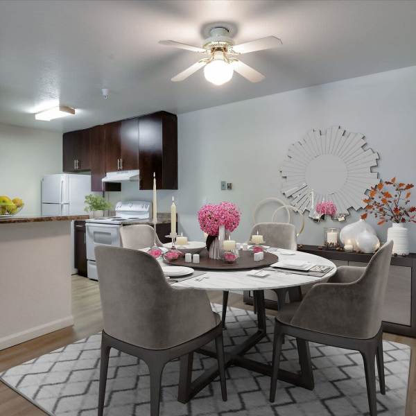 Cozy dining area near the kitchen in apartment at Terman Apartments in Palo Alto, California