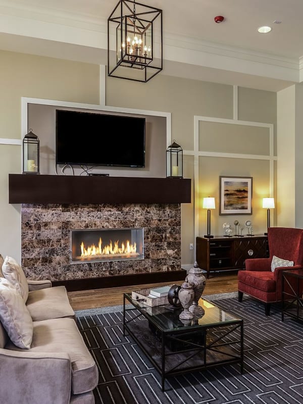 Beautiful fireplace in the resident clubhouse at Evander Square in Celebration, Florida