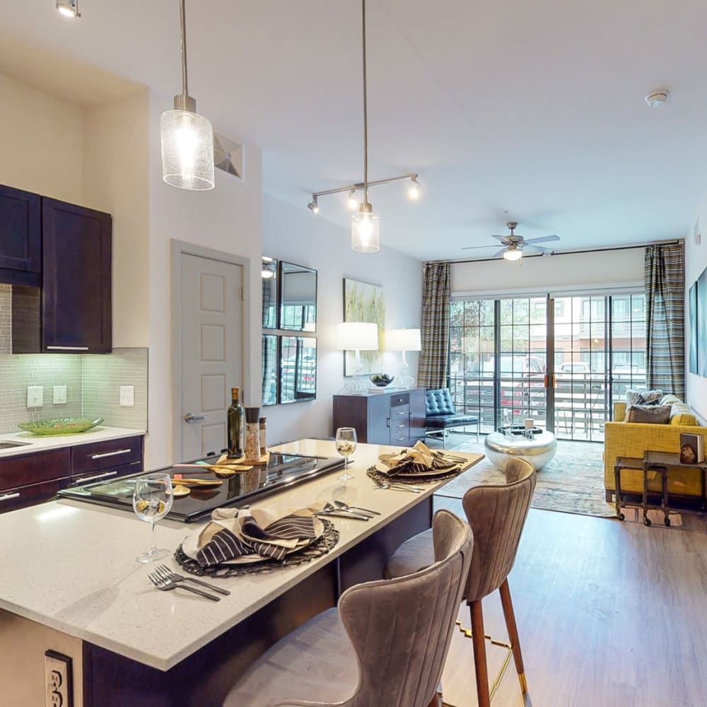 Open concept kitchen and living room at Bellrock Bishop Arts in Dallas, Texas