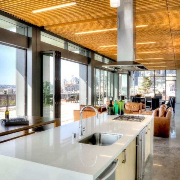 Community kitchen at The Nolo at Stadium Place in Seattle, Washington\