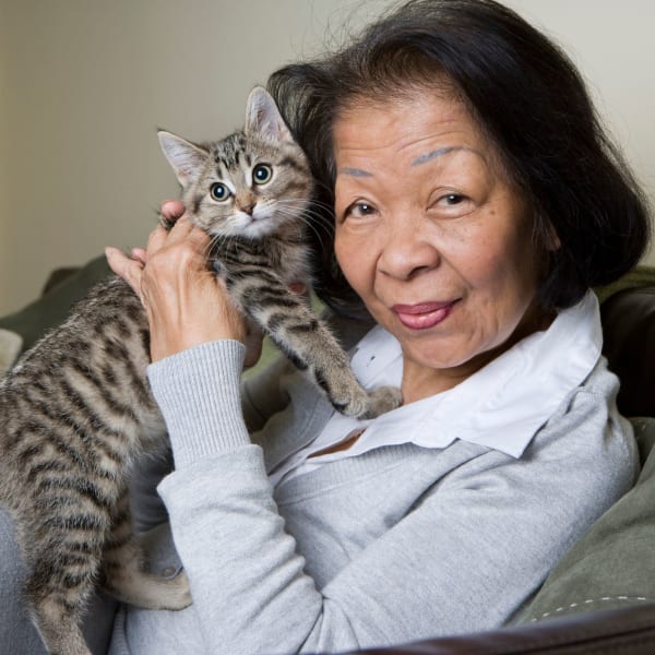 Resident holding a kitten at Courtyard at Coeur d'Alene in Coeur d'Alene, Idaho