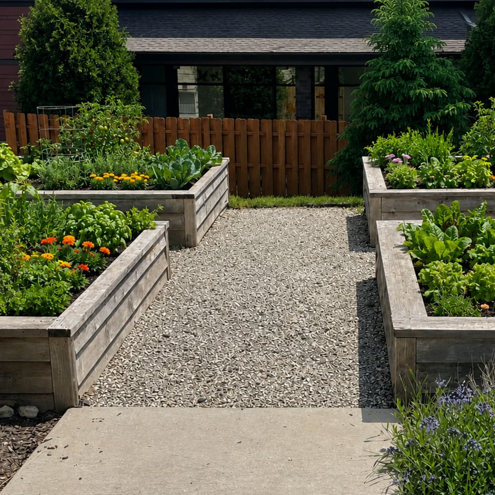 Exterior area with a garden area at Novation Senior Commons in Madison, Wisconsin