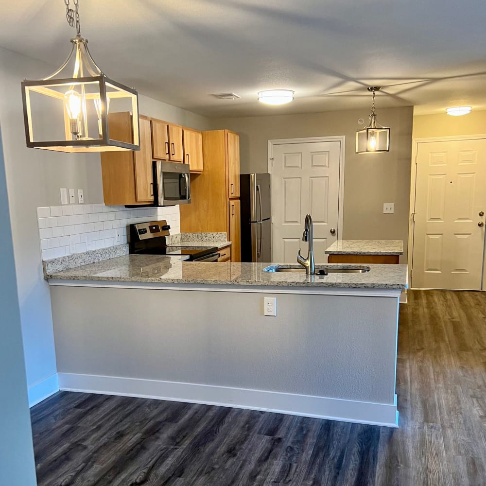 A kitchen with energy efficient appliances at The Legends on the Park in Eureka, Missouri
