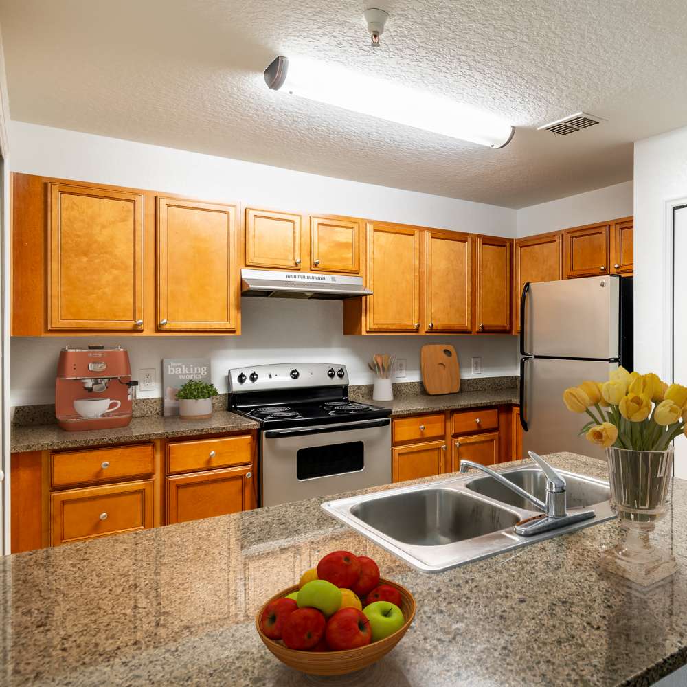 Bright kitchen with granite countertops, stainless steel appliances, and wood-style flooring, featuring a fruit bowl and flowers at The Reserve at Brookhaven in Palm Coast, Florida