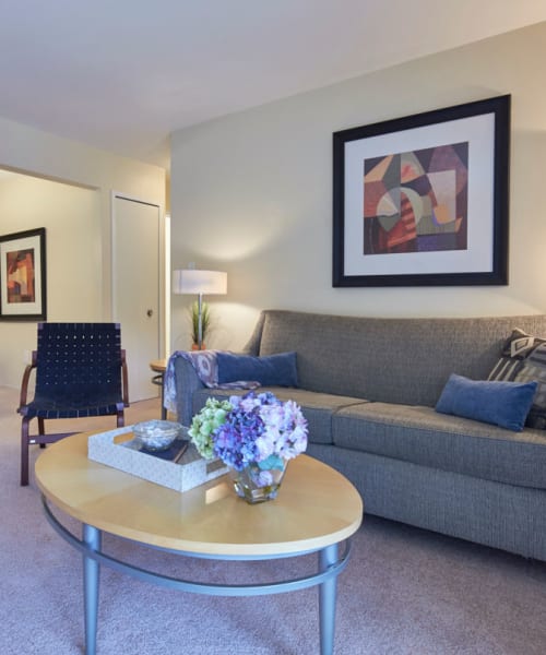 Furnished living room with plush carpeting at Kensington Manor Apartments in Farmington, Michigan