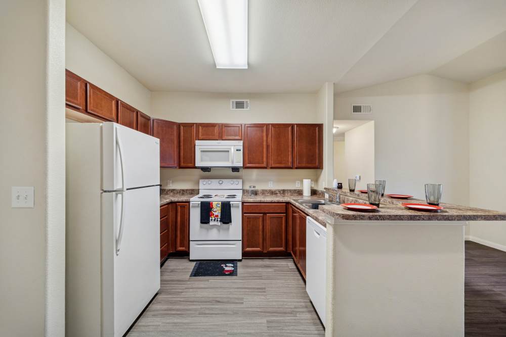 Modern kitchen at Arbor Pines in Orange, Texas featuring sleek cabinetry and ample counter space for culinary creations.