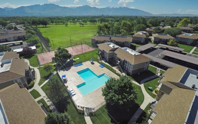 Aerial view of property and surrounding area at Callaway Apartments in Taylorsville, Utah