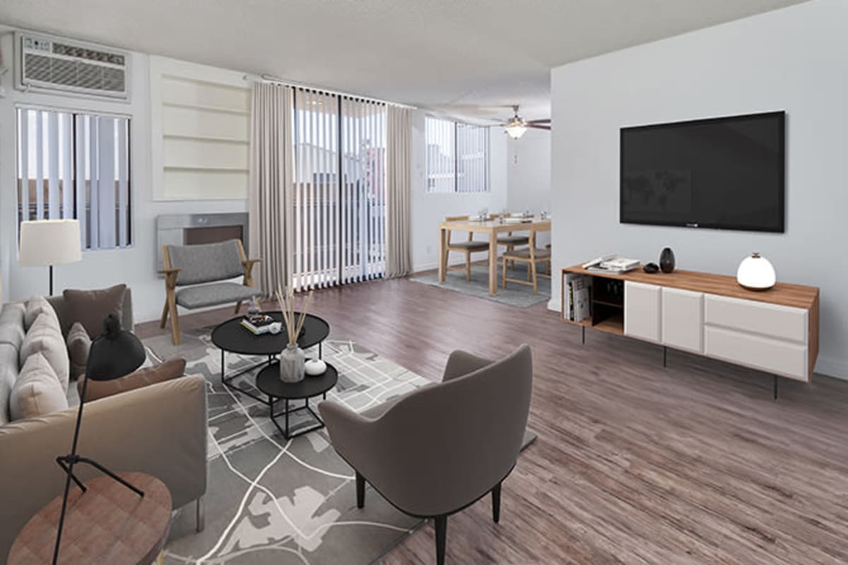 Apartment with wood-style floors at Villa Careena, West Hollywood, California