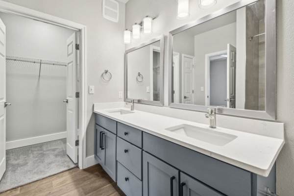 Modern bathroom with wood-style flooring and a walk in closet at Costa Bella in San Antonio, Texas