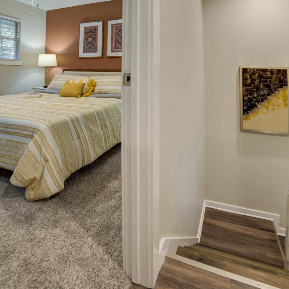 Hallway with view to bedroom at Avonlea Westside in Atlanta, Georgia