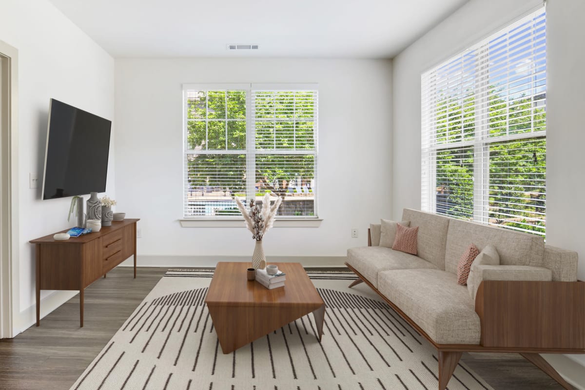 Modern living room at Lantower Waverly in Charlotte, North Carolina