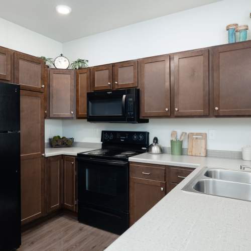 Gourmet kitchen with stainless-steel appliances and granite countertop at Regency Apartment Homes in Williston, North Dakota