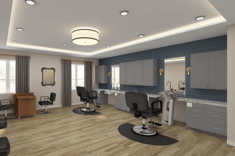 Beauty salon with mirrors and cabinetry at Harmony at Tucker Station in Louisville, Kentucky