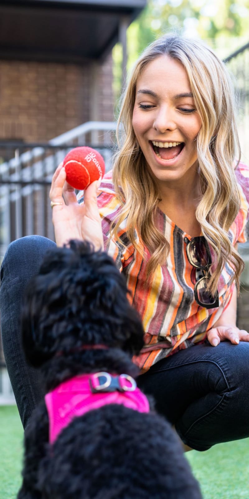 Resident playing fetch with her dog at The Vivian in Atlanta, Georgia