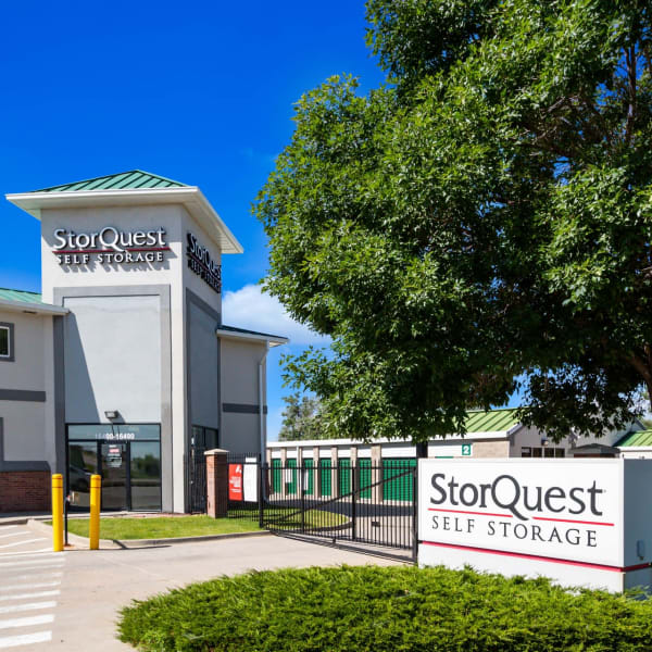 The main entrance and gate at StorQuest Self Storage in Aurora, Colorado