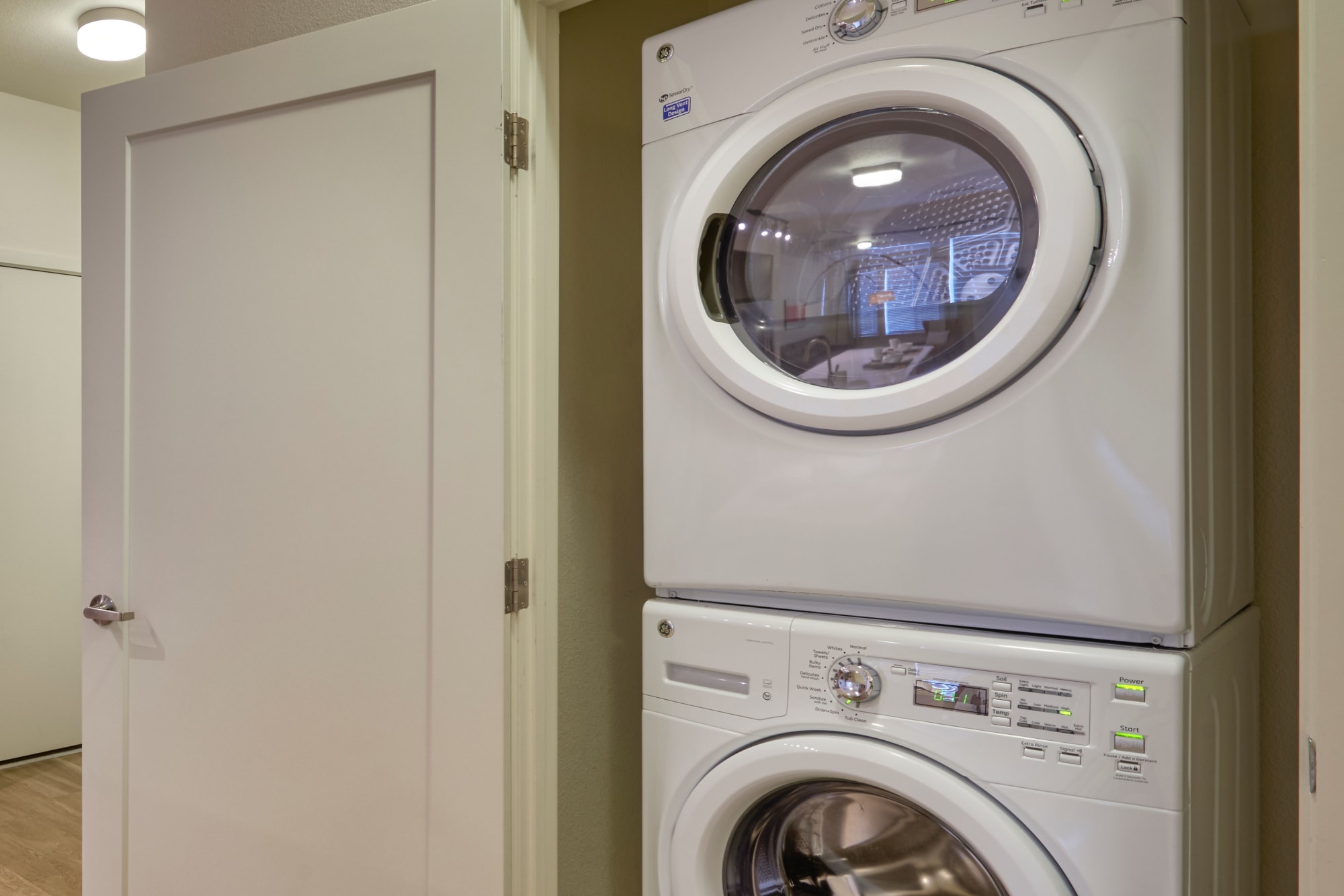 Stacked washer and dryer at an apartment at Elevate in Englewood, Colorado