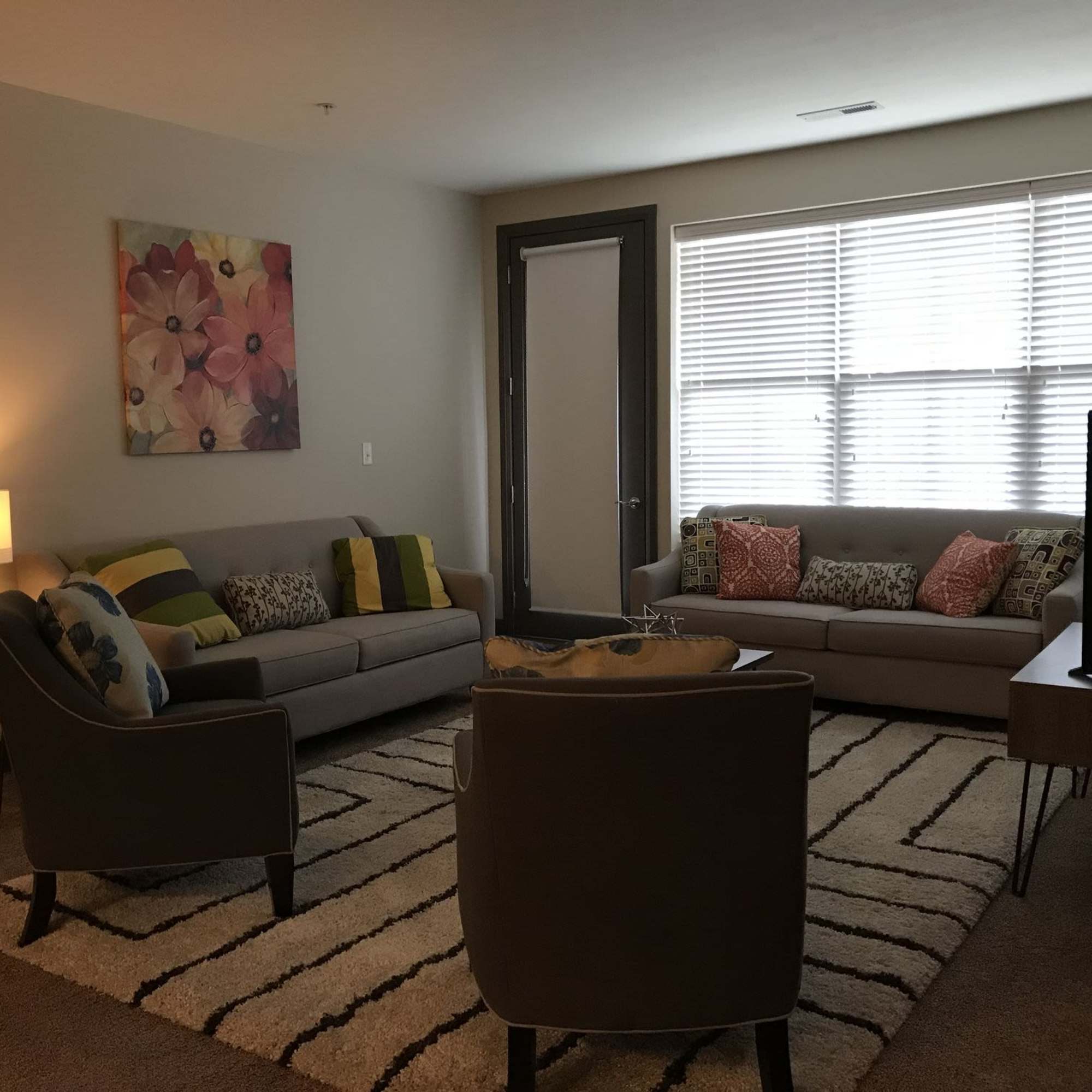 Cozy living room with two sofas, decorative pillows, and a stylish area rug at Water Street Apartments in Dayton, Ohio