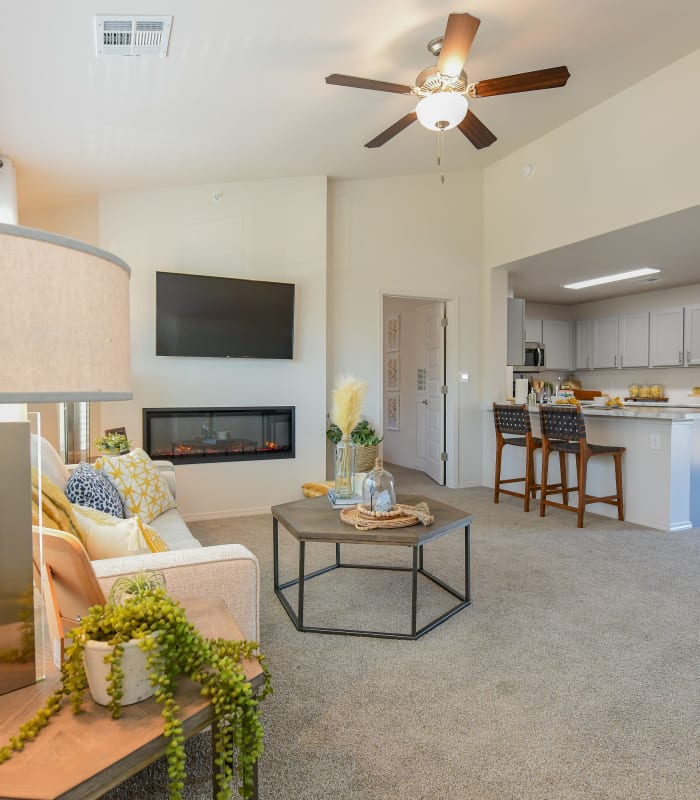 Carpeted living room at 97@ North Oak in Kansas City, Missouri