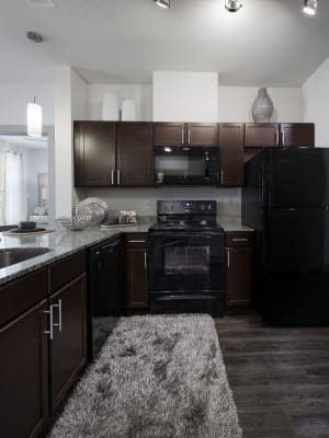 Gourmet kitchen with energy-efficient appliances and pendant lighting at Steelyard in Oklahoma City, Oklahoma