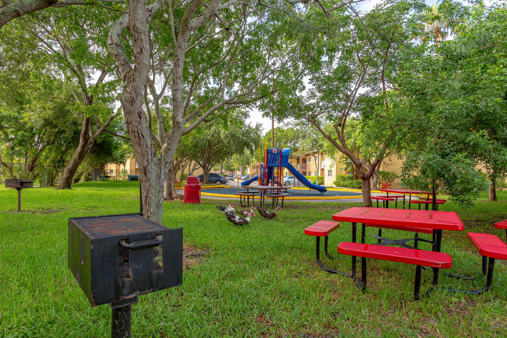 Picnic tables and charcoal BBQs in a parklike setting at Fairway View Apartments in Hialeah, Florida