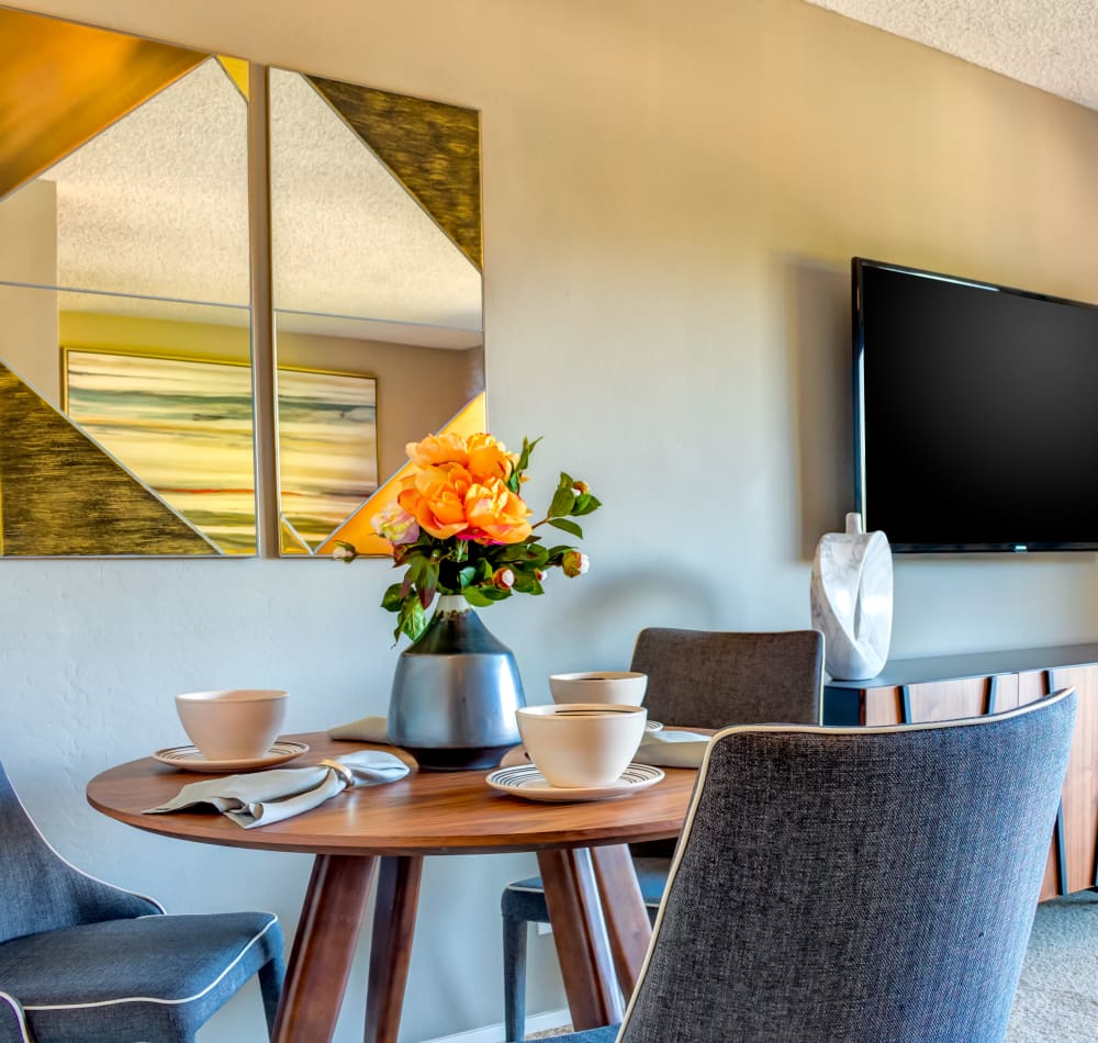 Fine furnishings in a model home's dining nook at Sofi Belmont Hills in Belmont, California