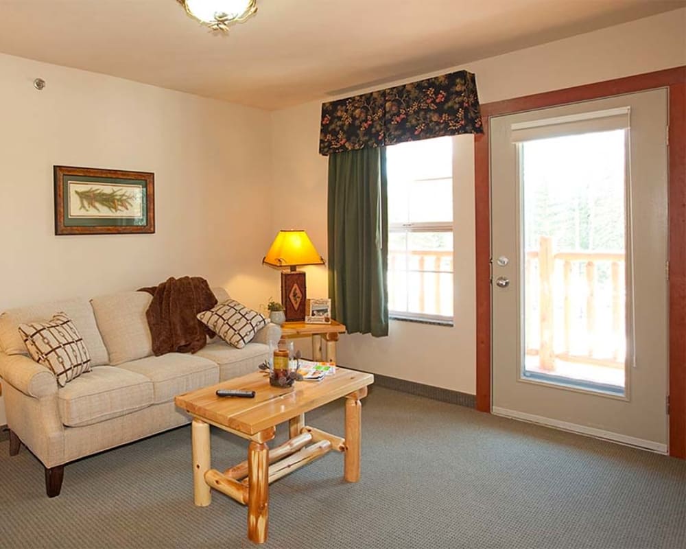 Resident apartment with large windows at Milestone Senior Living Eagle River in Eagle River, Wisconsin.