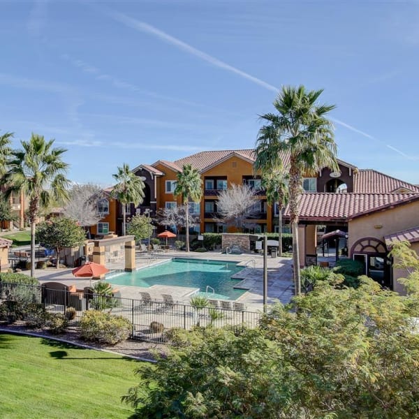 Balcony view of the swimming pool at Tierra Pointe in Casa Grande, Arizona