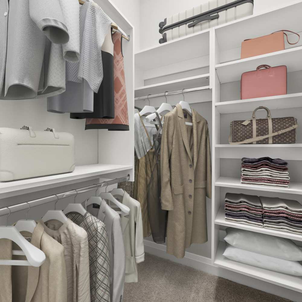 Walk-in closet with built-in storage at High & Cherry in Columbus, Ohio