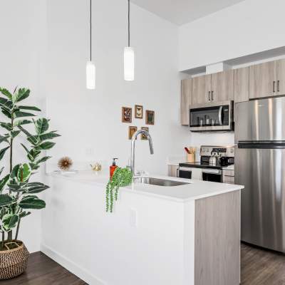Well-equipped modern apartment kitchen at Allegro in Lynnwood, Washington