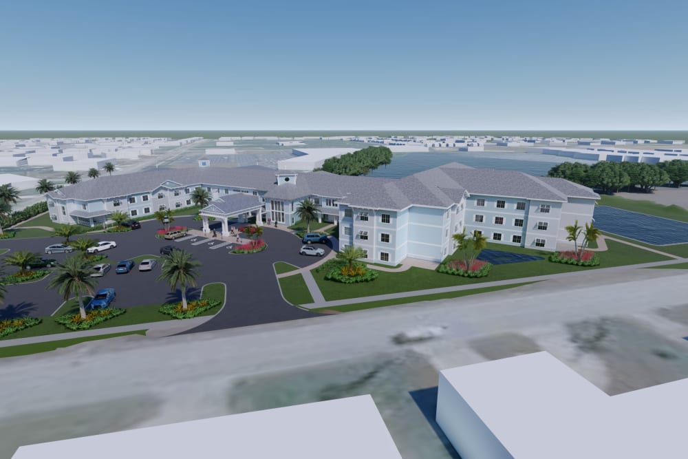 Aerial rendering of the entrance to The Meridian at Punta Gorda Isles in Punta Gorda, Florida