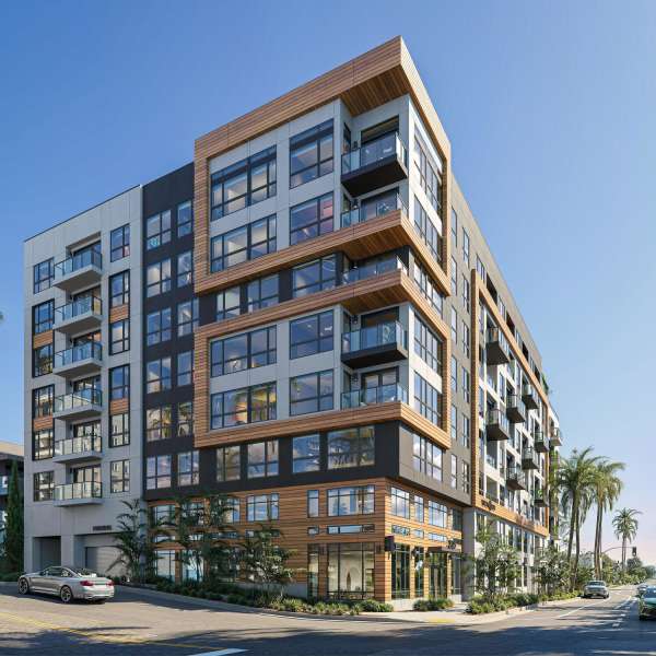 Modern apartments on sunny street at Treehouse in San Diego, California
