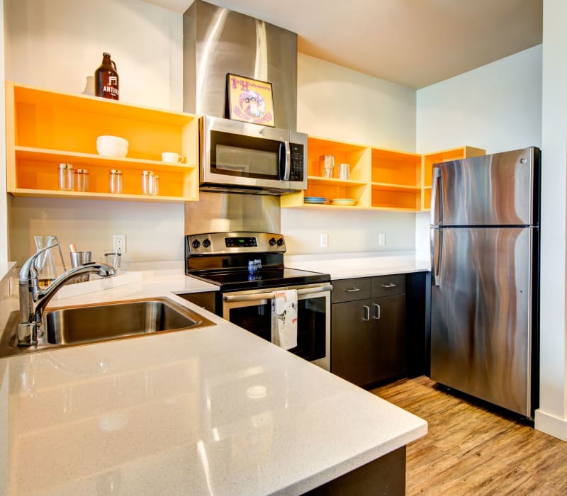 Modern kitchen with open shelves at Anthem on 12th in Seattle, Washington