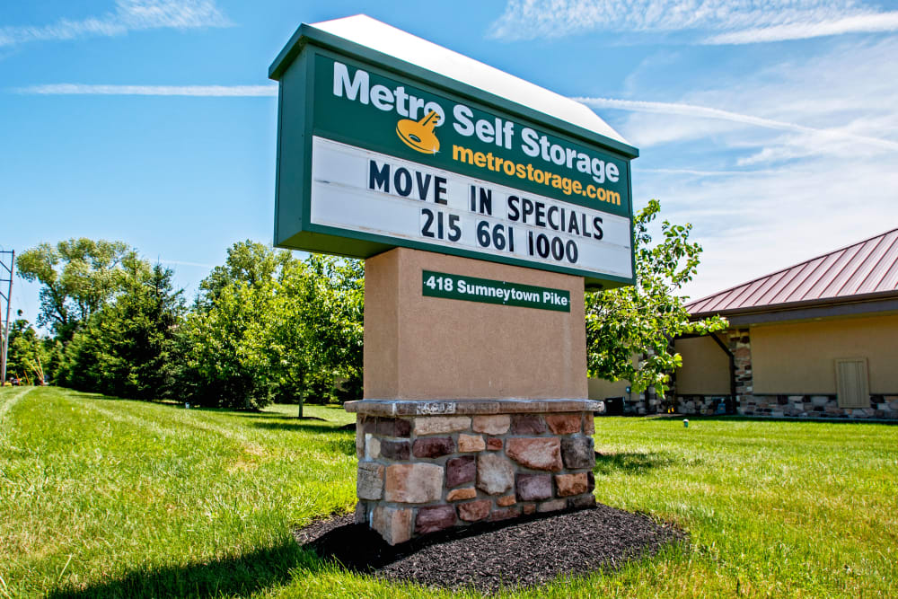 Monument sign at Metro Self Storage in North Wales, Pennsylvania
