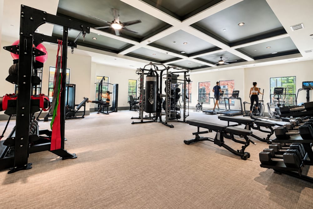Fitness center with strength training equipment and free weights.