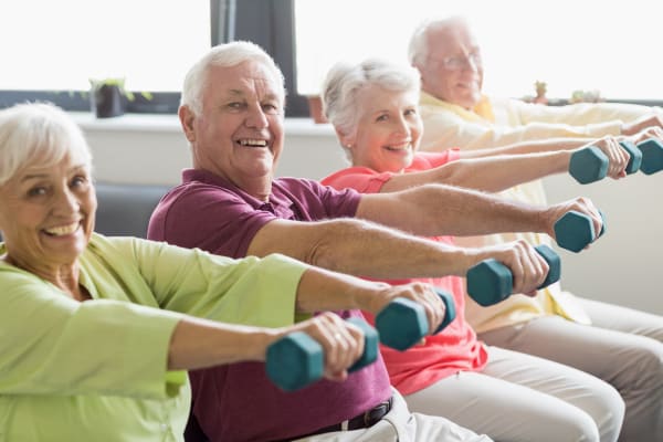 Residents in an exercise class at Towerlight in St. Louis Park, Minnesota