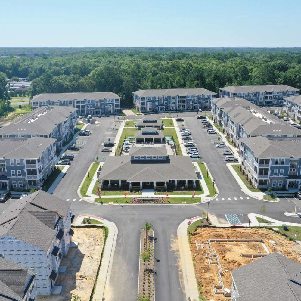 Aerial view of modern apartment community at The Apartments At Kelton Station in Williamsburg, Virginia