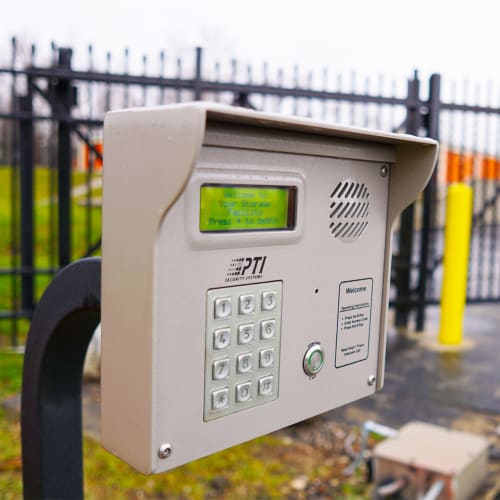 Keypad at entrance gate of Red Dot Storage in Mobile, Alabama