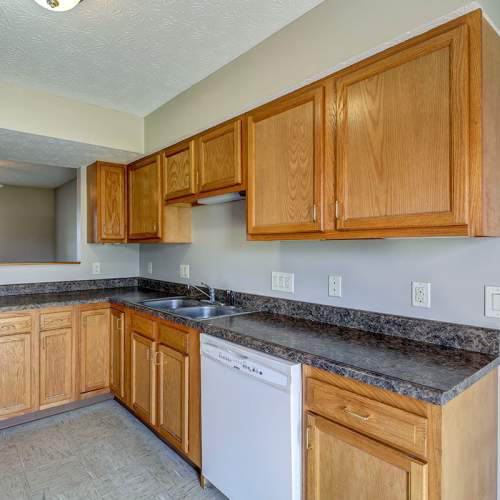 Wooden cabinets with a sink and dishwasher at Orchard Glen in Orrville, Ohio