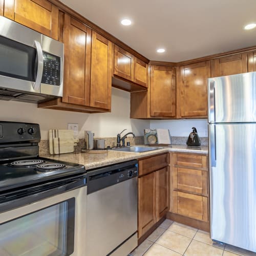 Stainless-steel appliances in a kitchen at El Gato Penthouse in Los Gatos, California