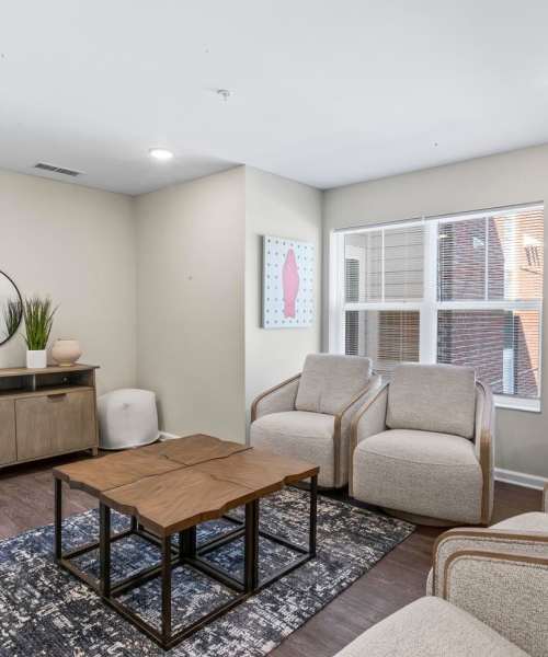 Living room with couch at Stanton Park Apartments in Atlanta, Georgia