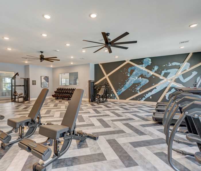Community fitness center with wide range of equipment at Skyview Flats in Cypress, Texas