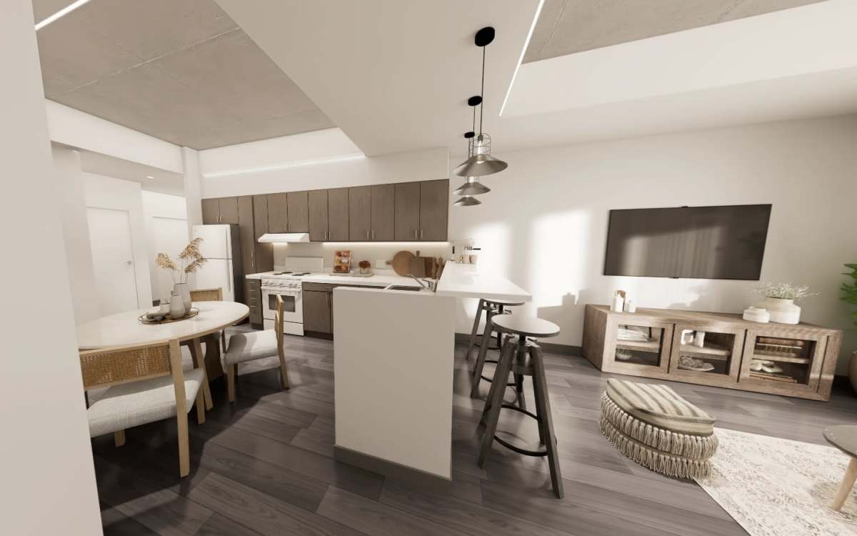 Rendering of living area kitchen area in studio apartment at Lark Landing in San Francisco,California