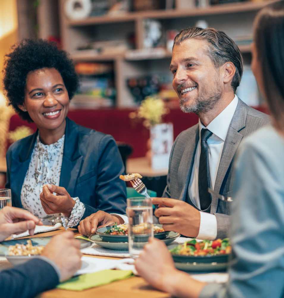 Residents sharing delicious food at a restaurant near The Garnett in Brooklyn, New York