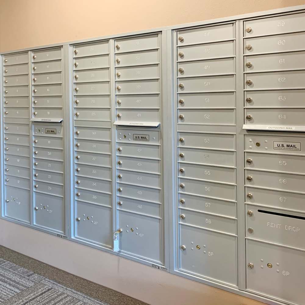 Community mail box area at Depot on Main in Zimmerman, Minnesota