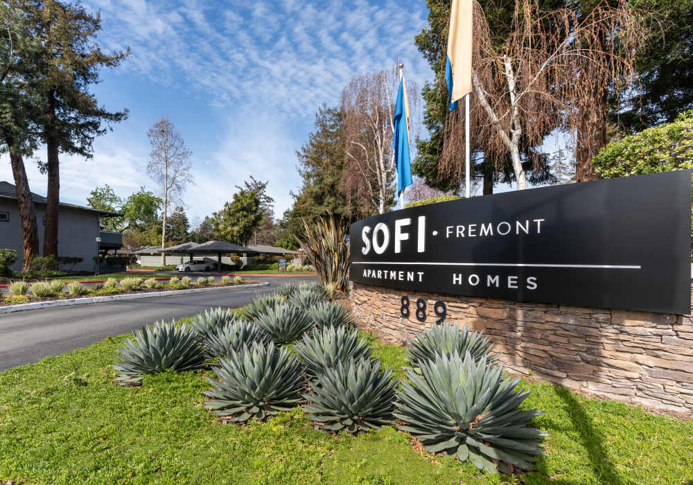 Our community's entrance sign welcoming residents and their guests to Sofi Fremont in Fremont, California