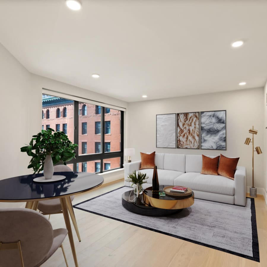 Model living room rendering at 28 Exeter at Newbury in Boston, Massachusetts