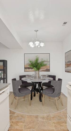A furnished apartment living room and dining room at Highland Pointe Apartments in Cottonwood Heights, Utah