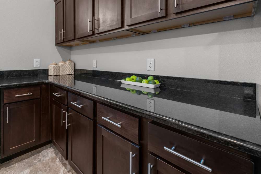 Kitchen with wooden cabinets at Pebble Brook Apartments in Jacksonville, Texas